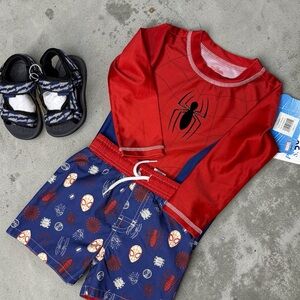 NWT Toddler Boy Summer Bundle Size 7 Sandals + 2t Spider-Man swimsuit set